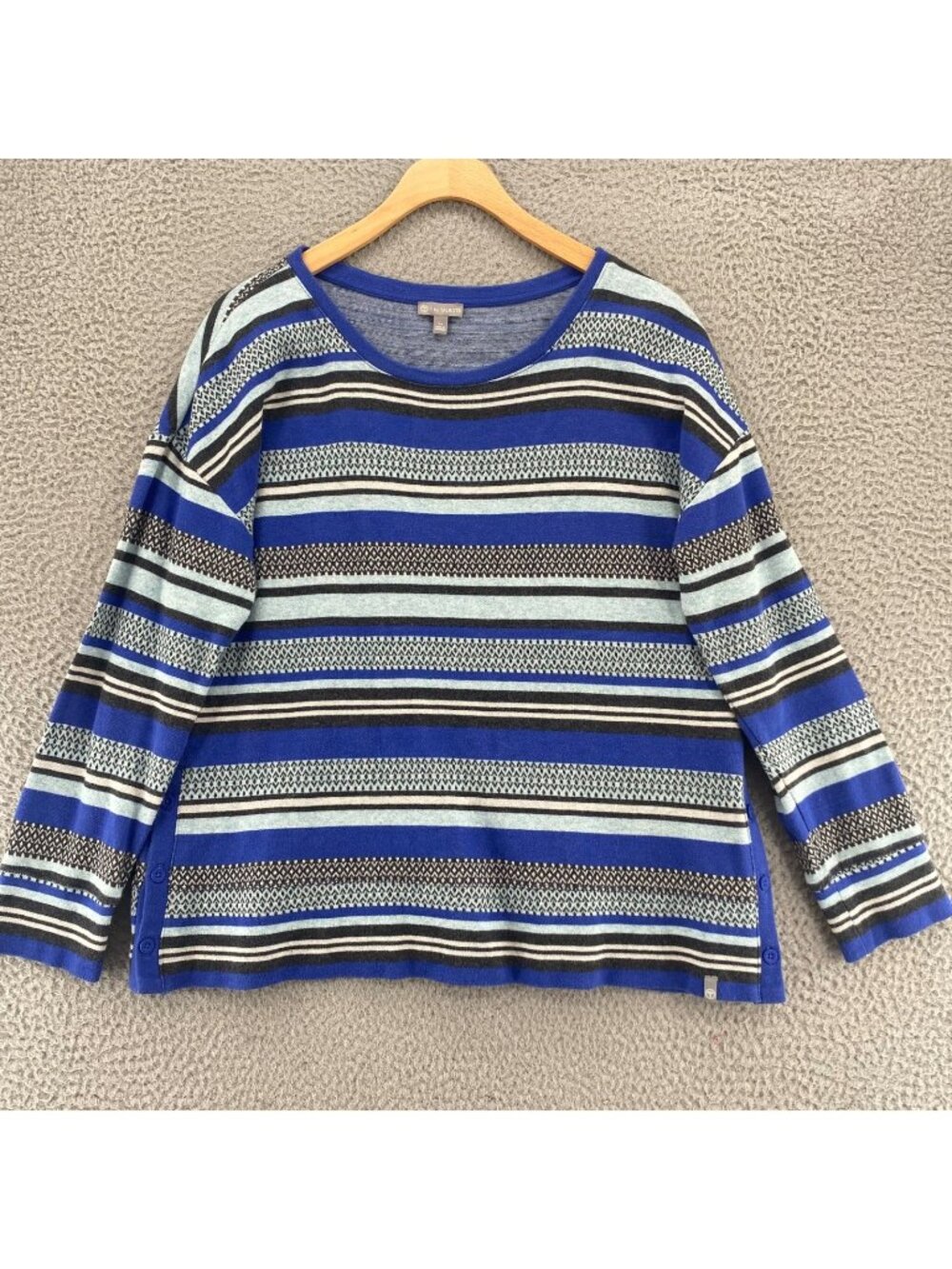 Talbots Sweater Womens Large Petites Blue Striped Tribal Cotton Crew Neck Button